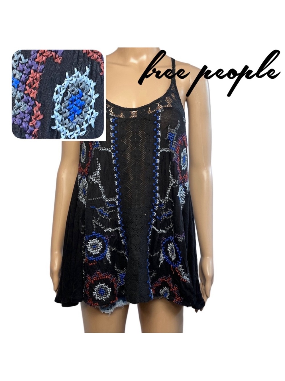 FREE PEOPLE Black Boho Embroidered Tank Size Small